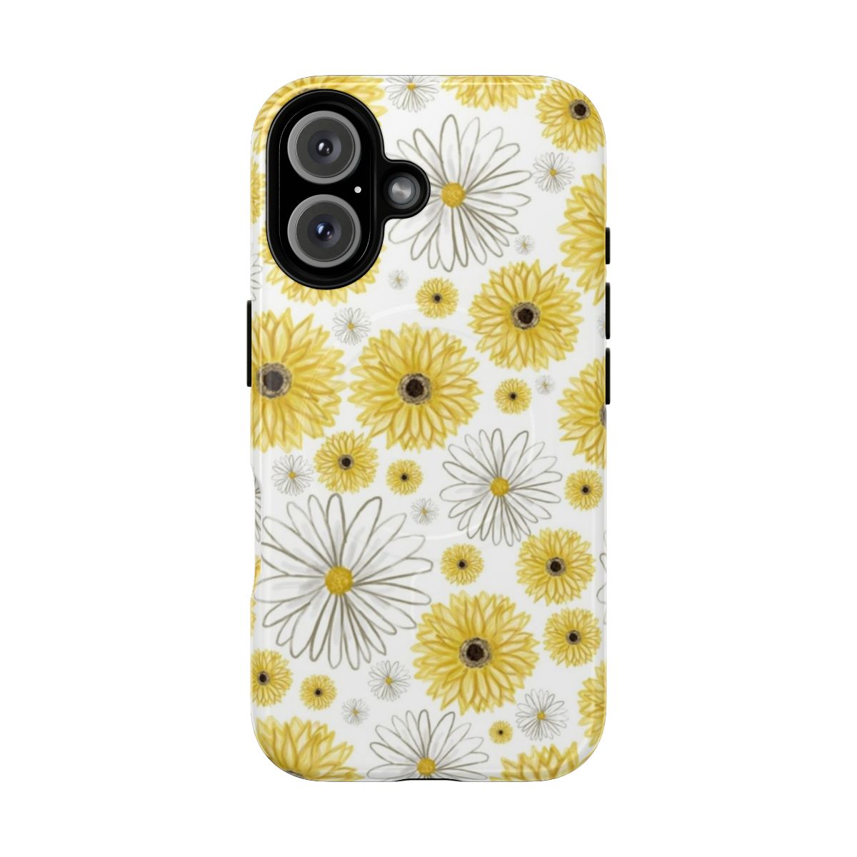 A phone case with a pattern of yellow daisies on a white background