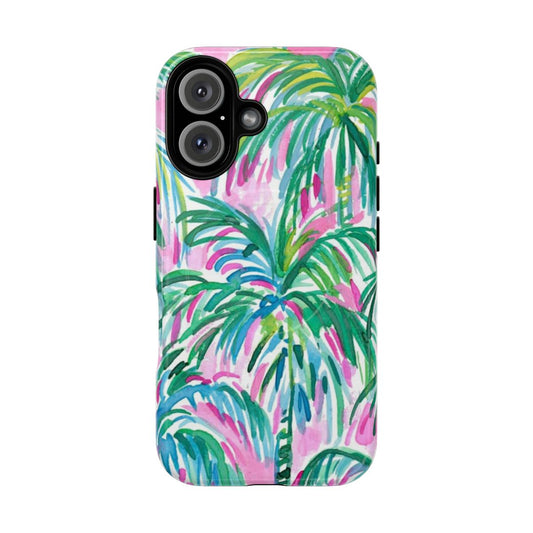 A durable pink and white palm tree patterned phone case with a magnetic closure.