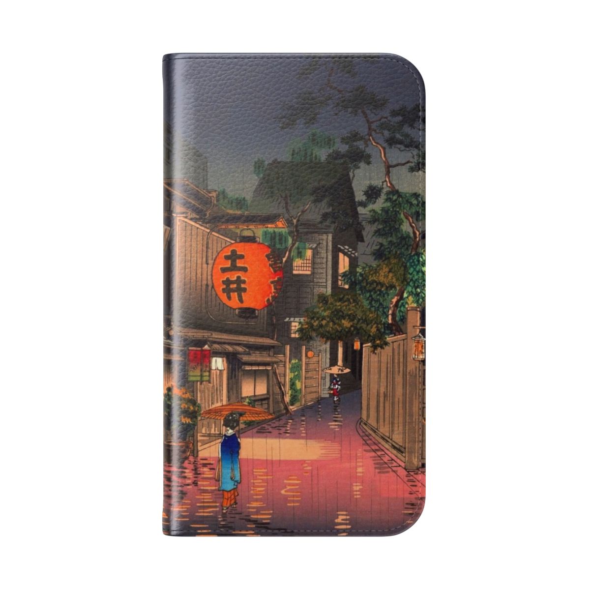 Flip cover phone case featuring a traditional Japanese woodblock art design. - Folded Back