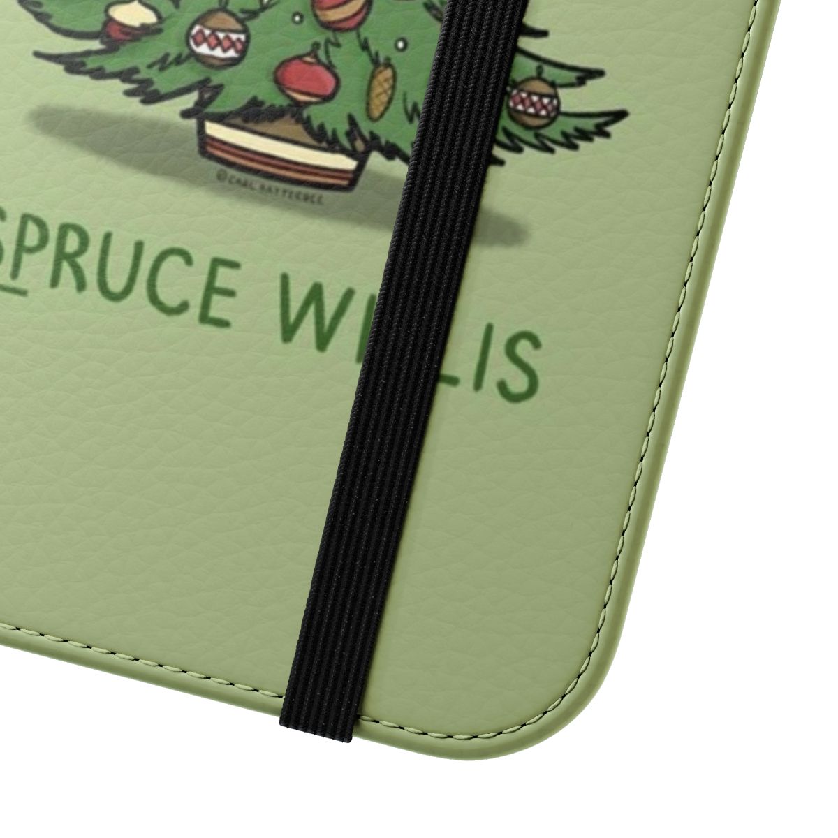 Spruce Willis Flip Cover Phone Case with a Christmas tree design - Close Up