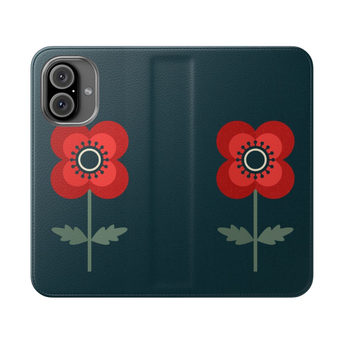 Vintage red poppy flower pattern on a forest green background phone case