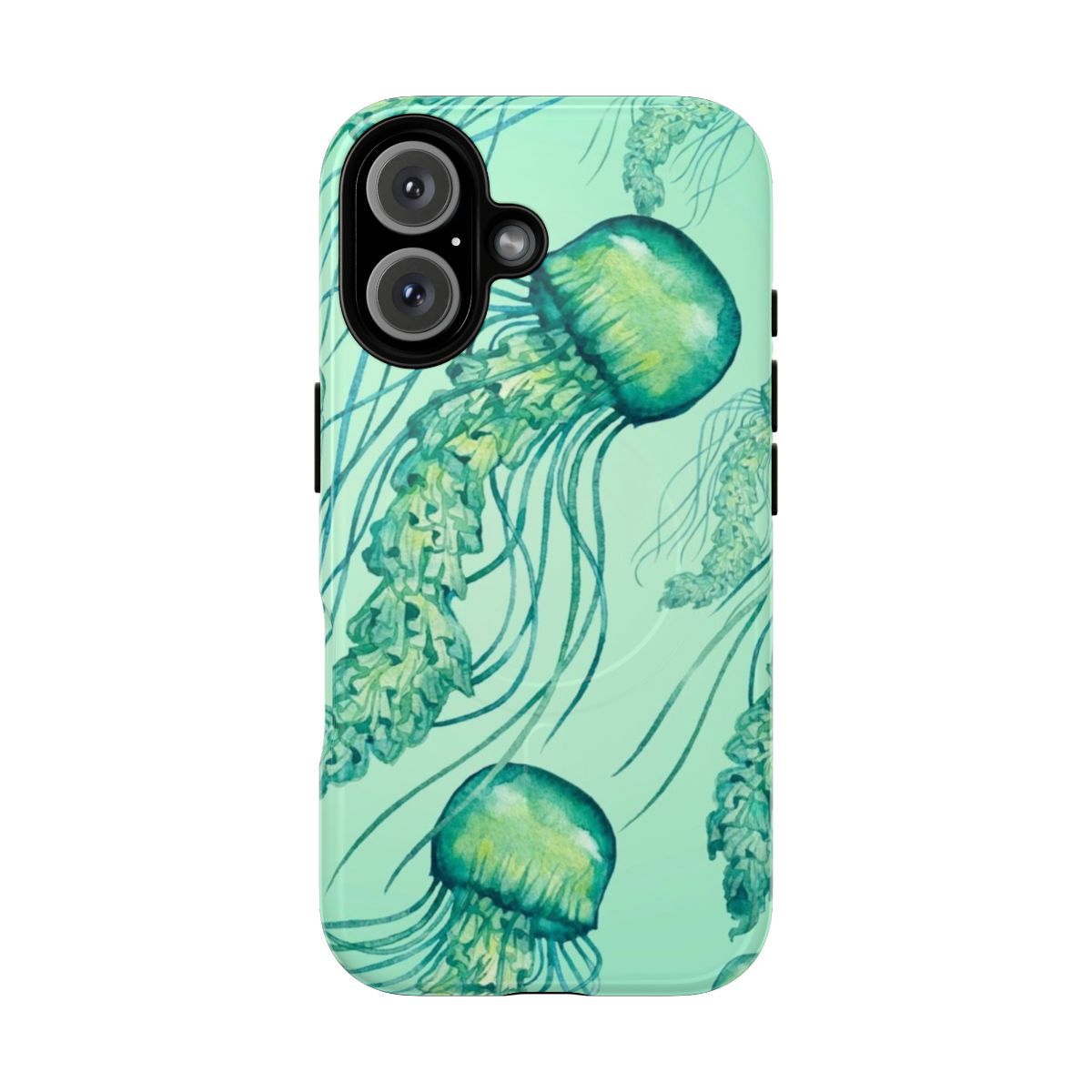 A watercolor jellyfish pattern on a durable, magnetic phone case.