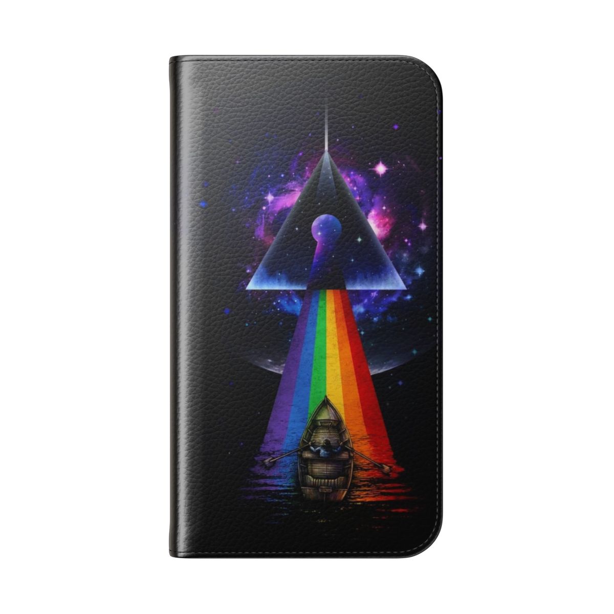 Flip phone case with a dark, cosmic galaxy design - Folded Back