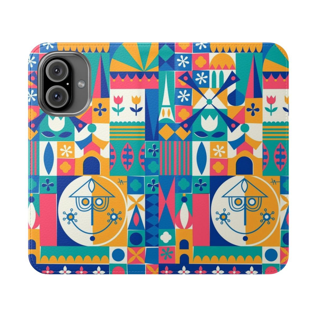 Flip cover phone case with a design inspired by the classic Small World attraction at Disney World