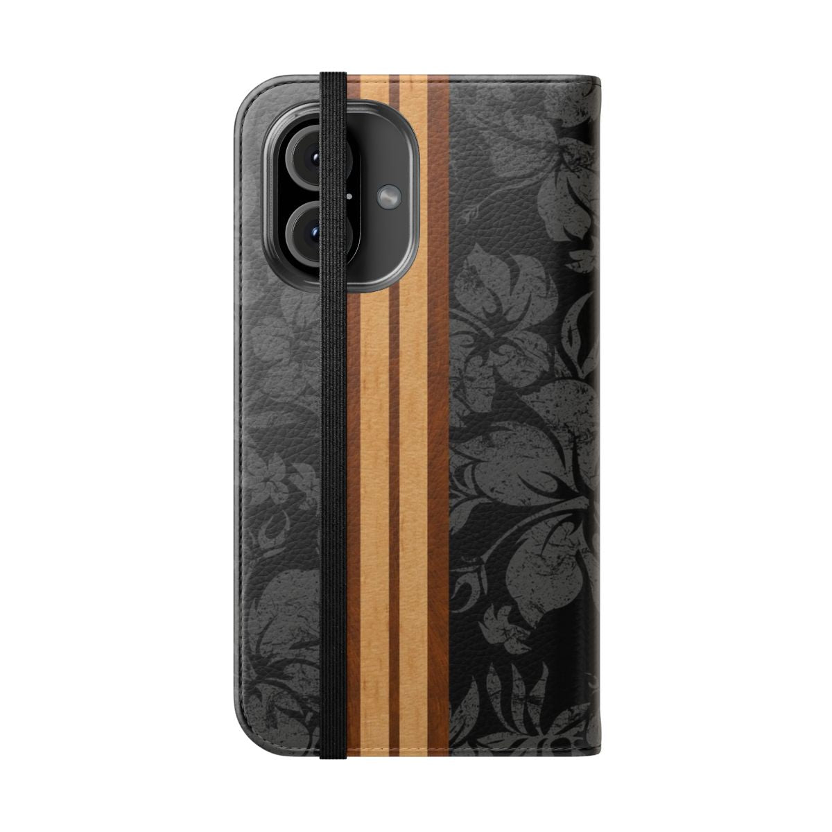 Faux koa wood phone case with a tropical surfboard design in black and gray - Folded Front