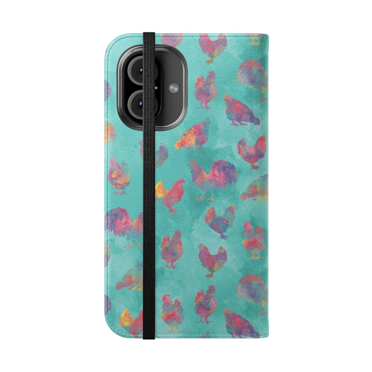 Flip phone case featuring a vibrant watercolor design of chickens and hens - Folded Front