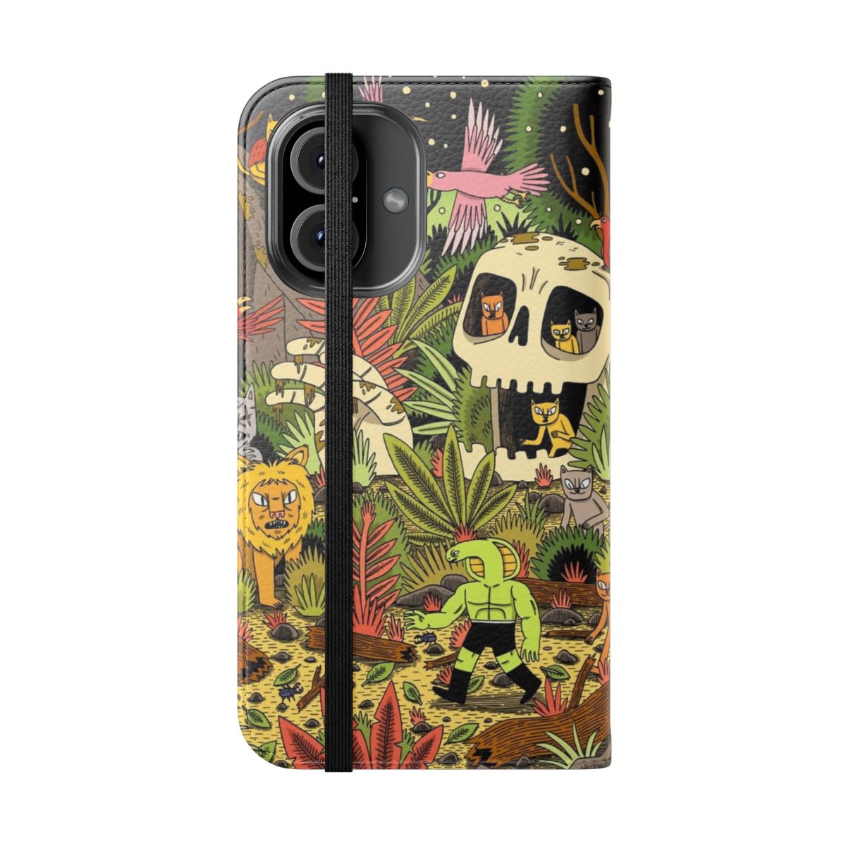 Jungle-themed phone case with colorful animal, plant, and nature designs - Folded Front