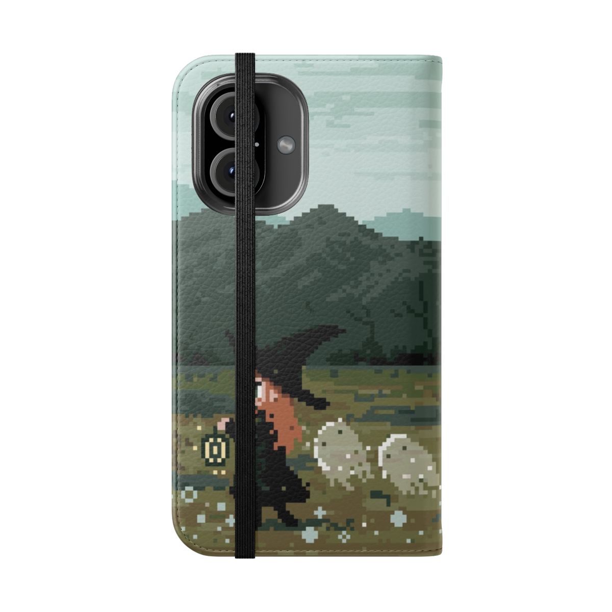 Flip phone case featuring a witch and her mystical friends in a spooky, pixel art design. - Folded Front