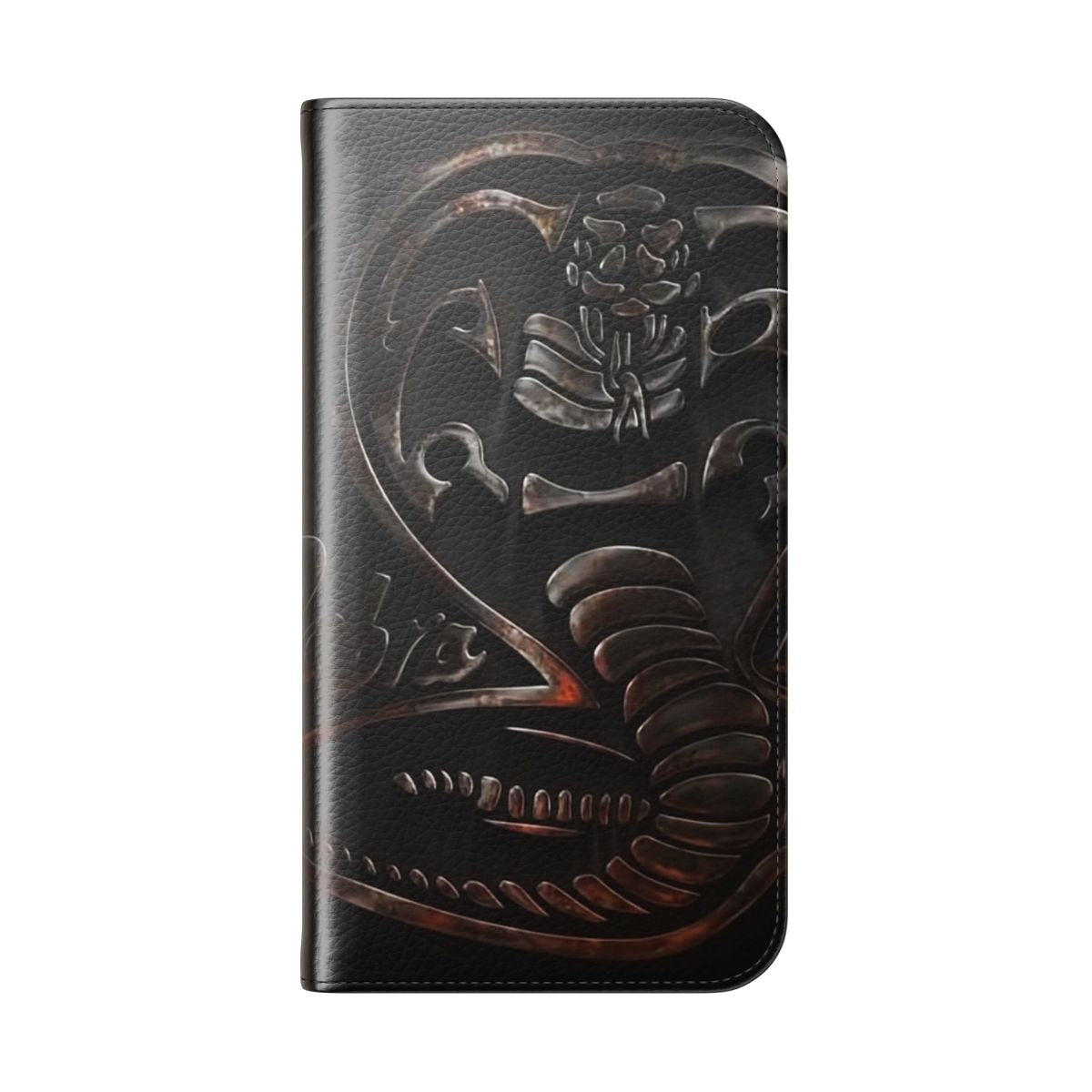 Silver metal flip cover phone case with a snake design, inspired by the Cobra Kai TV series - Folded Back