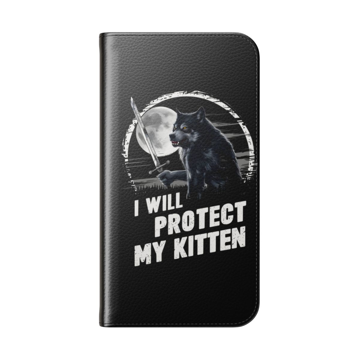 Flip cover phone case featuring a werewolf protecting a kitten in a humorous meme-style design - Folded Back