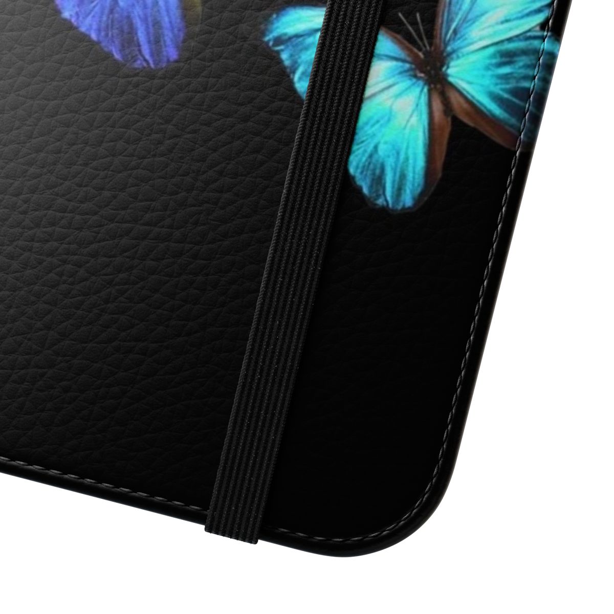 Blue butterfly pattern printed on a flip cover phone case - Close Up