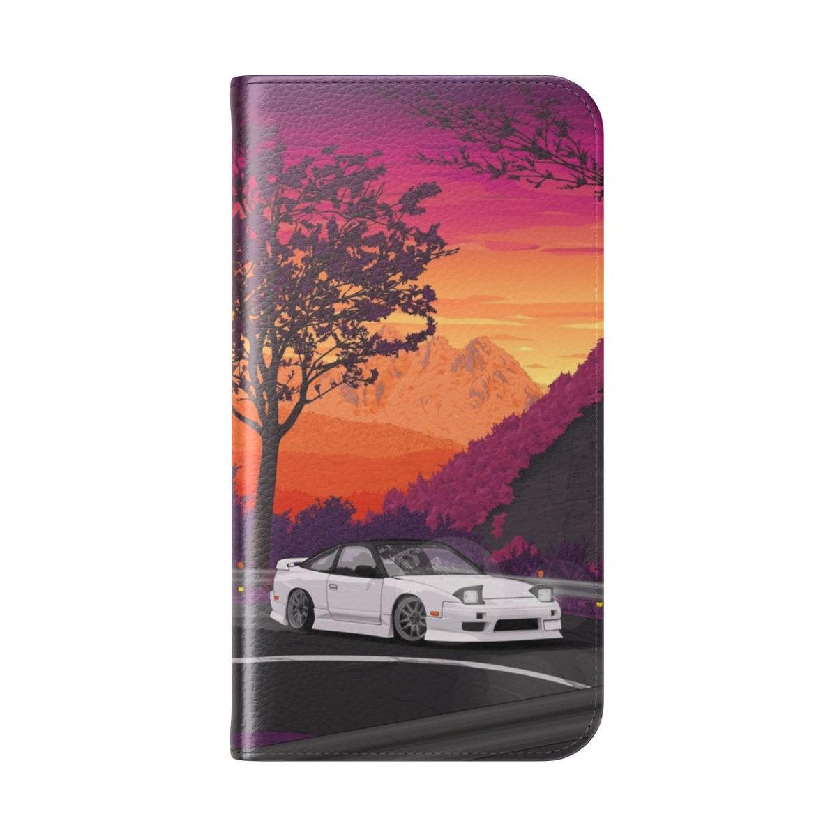 Flip cover phone case featuring a stylized Nissan 180SX S13 drift car design - Folded Back