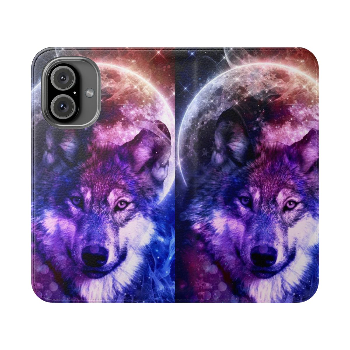 Flip phone case featuring a wolf face in front of a mystical night sky and full moon