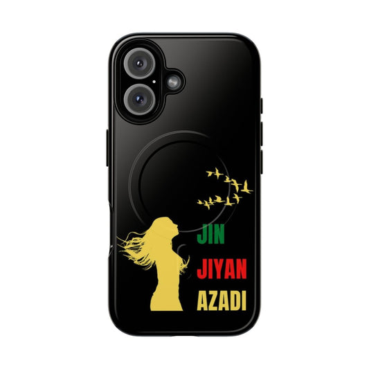 Jin Jiyan Azadi phone case featuring a bold, revolutionary design in support of Kurdish women's rights and freedom.