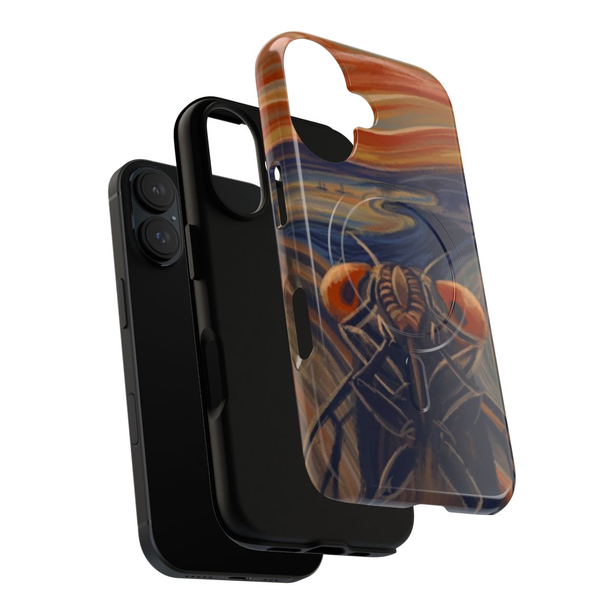 Magnetic tough phone case featuring a creative parody design of "The Scream" with insects, animals, and wildlife - Layers