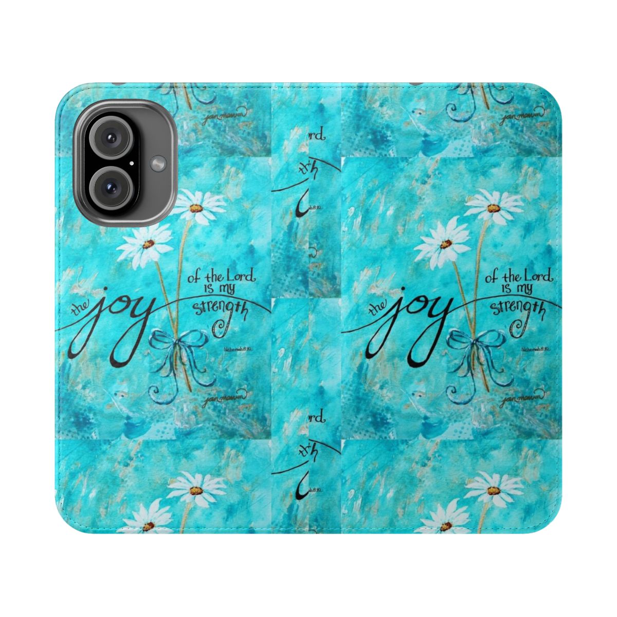 Blue floral phone case with calligraphy quote "The Joy of the Lord is my Strength"