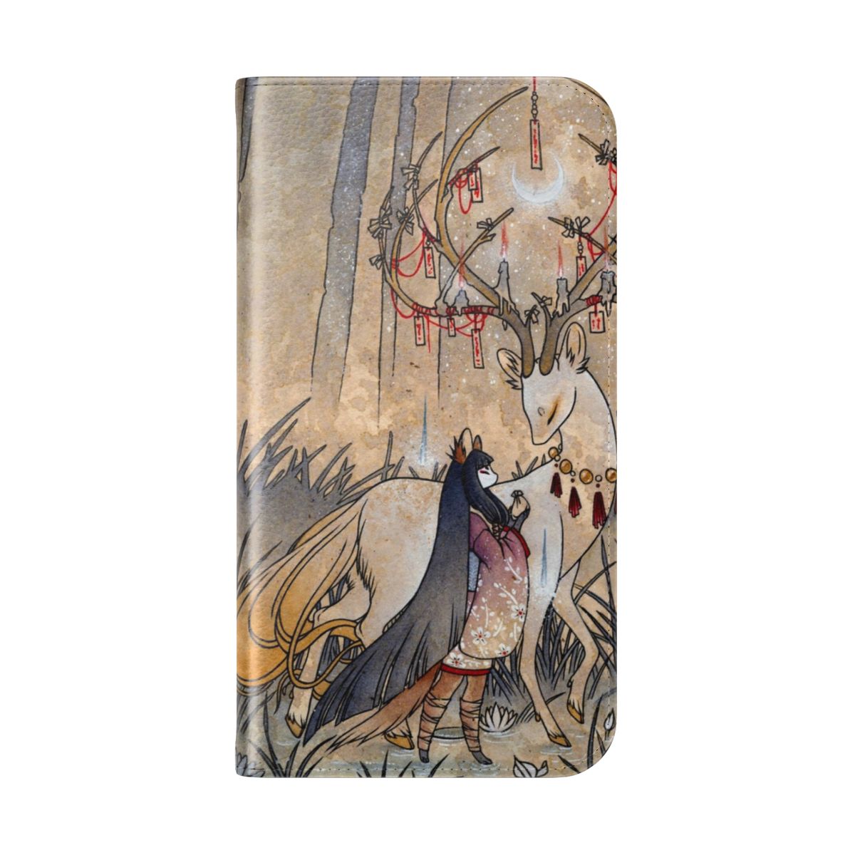 Flip phone case with a watercolor illustration of a tea fox or kitsune, a mythical Japanese spirit creature, surrounded by a crescent moon, forest, and ethereal elements. - Folded Back