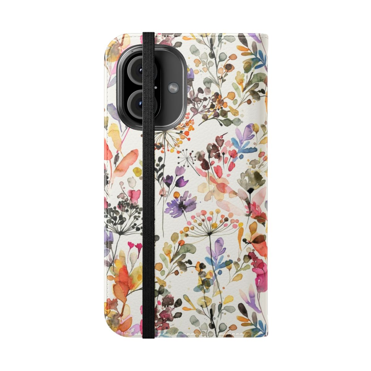 A flip cover phone case featuring a watercolor illustration of wild flowers and plants in a botanical print design. - Folded Front