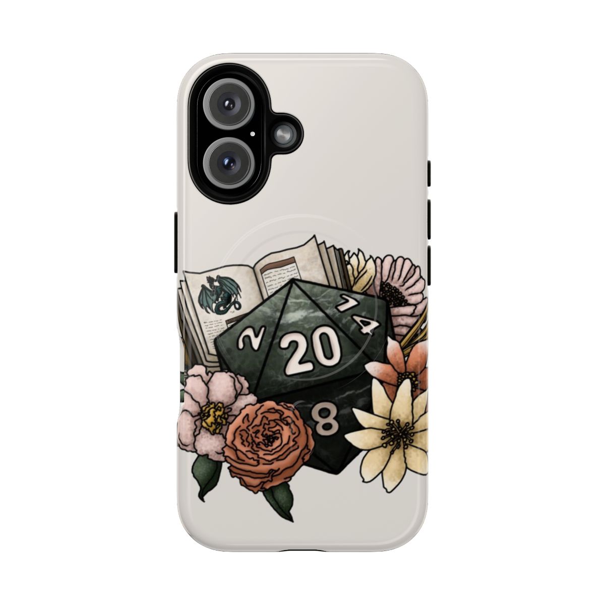 Magnetic phone case with a D20 design for tabletop role-playing games like Dungeons and Dragons