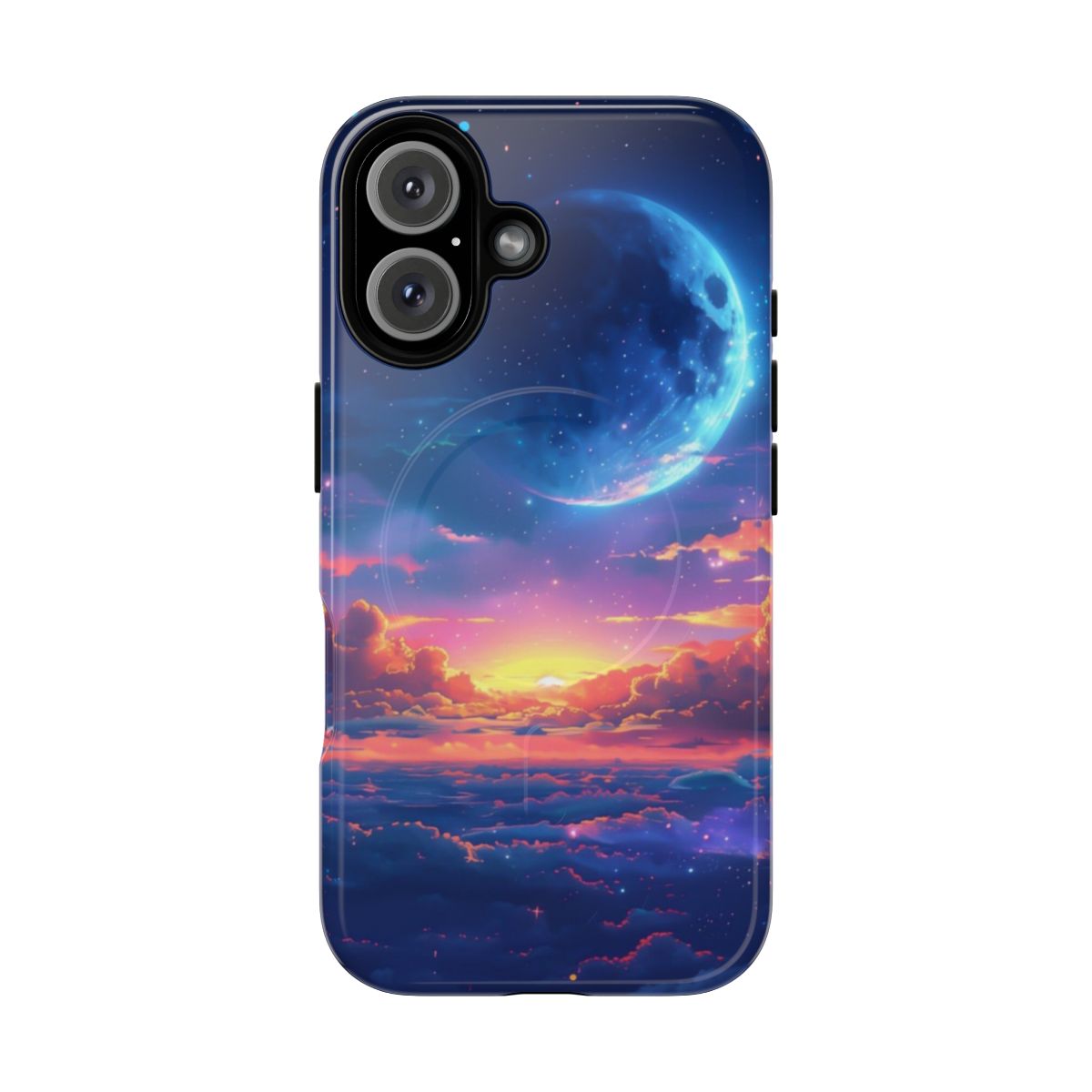 Artistic phone case featuring a magical, glowing moon and starry night sky design