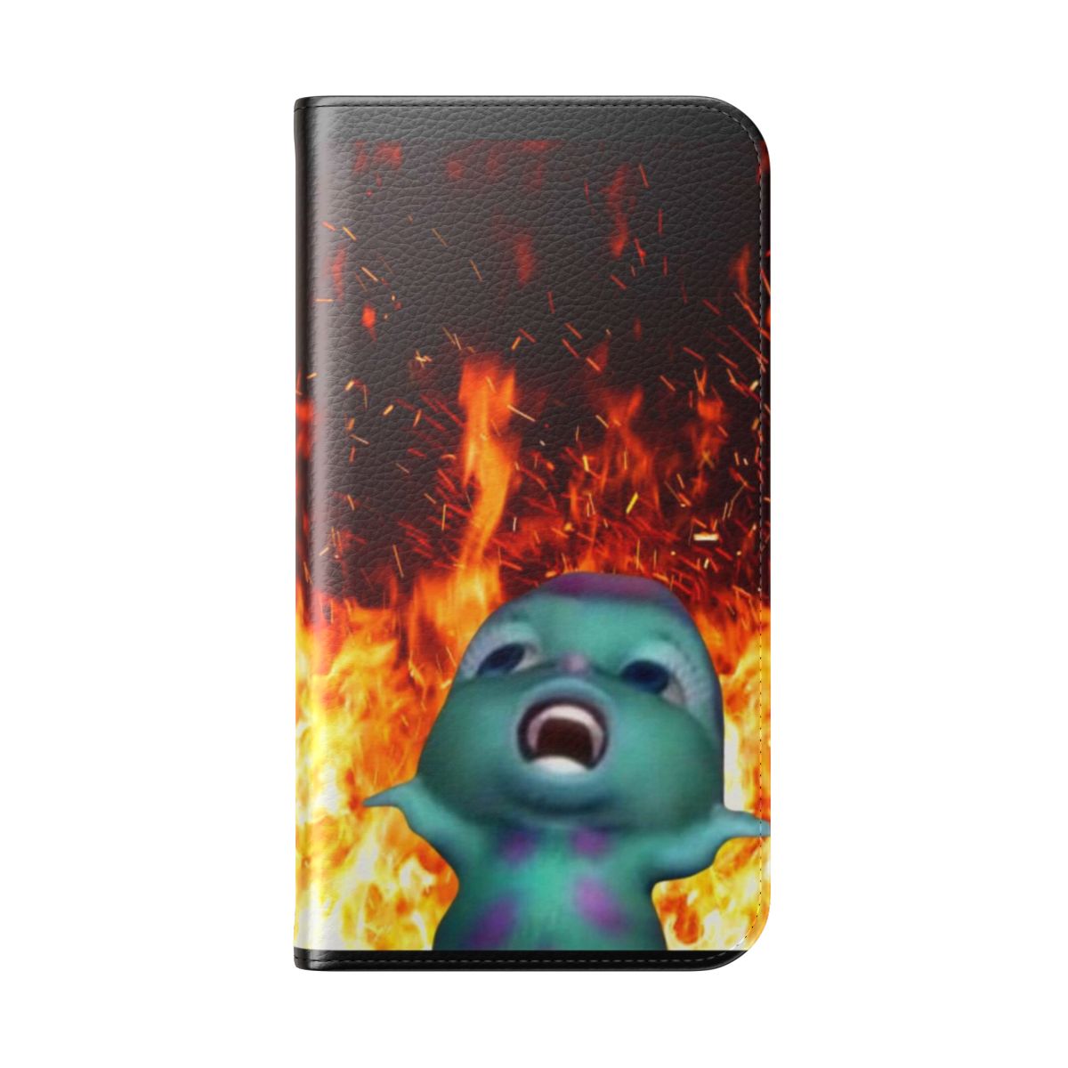 "Vibrant flip cover phone case featuring the 'Bibble on Fire' meme design" - Folded Back