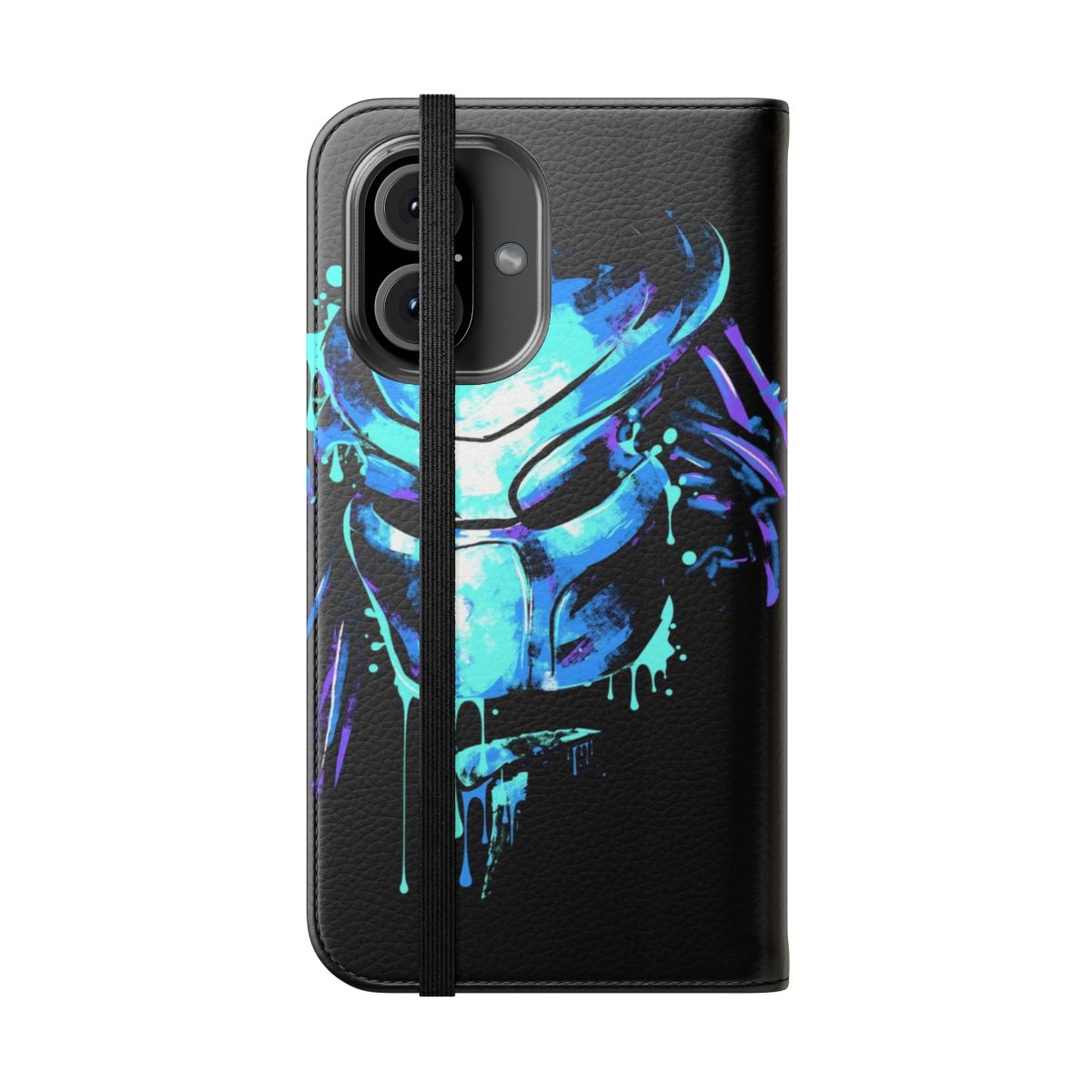 Vibrant phone case featuring a striking portrait of the iconic Predator character from the sci-fi movie franchise. - Folded Front