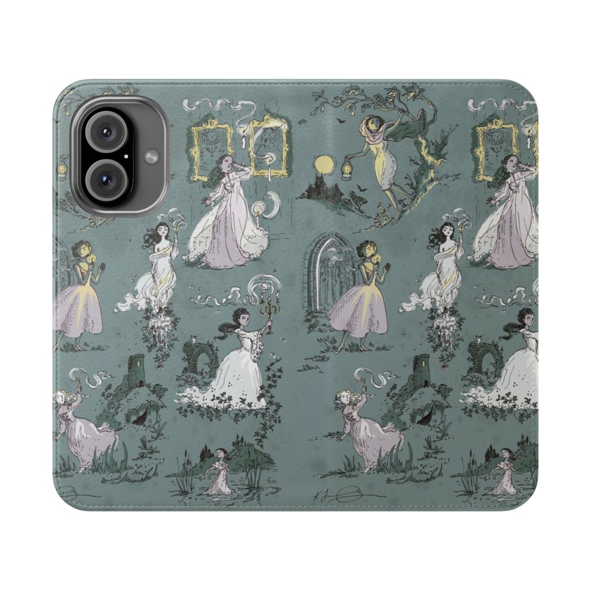 Flip phone case with illustration of girls running from a haunted house