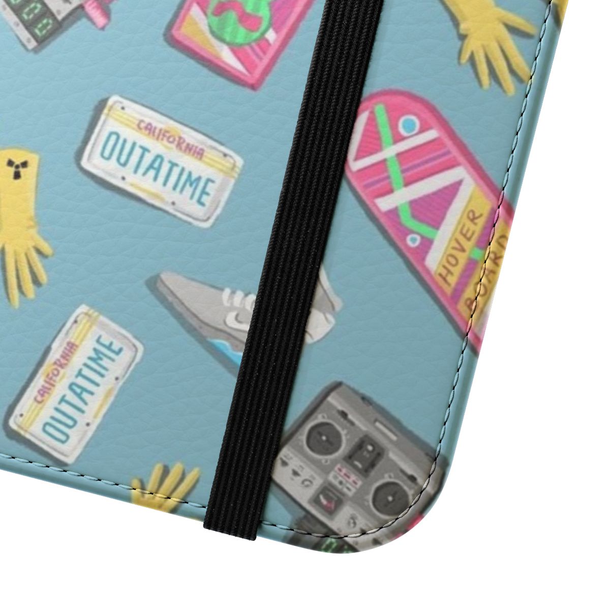 Colorful and whimsical phone case featuring Back to the Future-inspired design with sketches and doodles. - Close Up