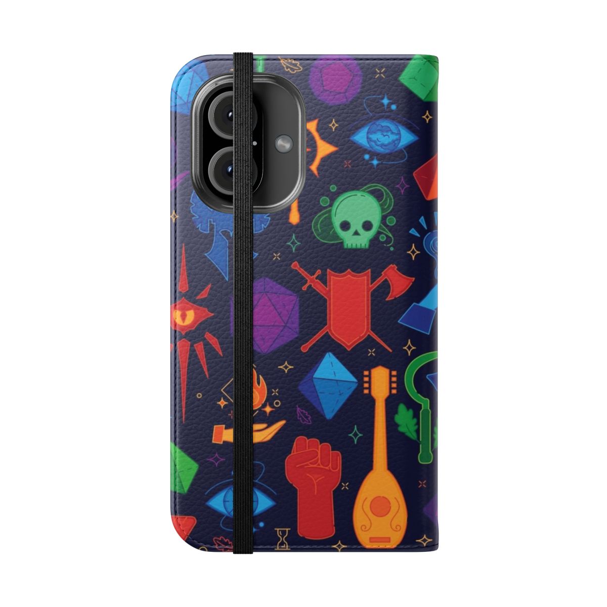 Colorful fantasy-themed phone flip cover case inspired by the Dungeons & Dragons role-playing game - Folded Front