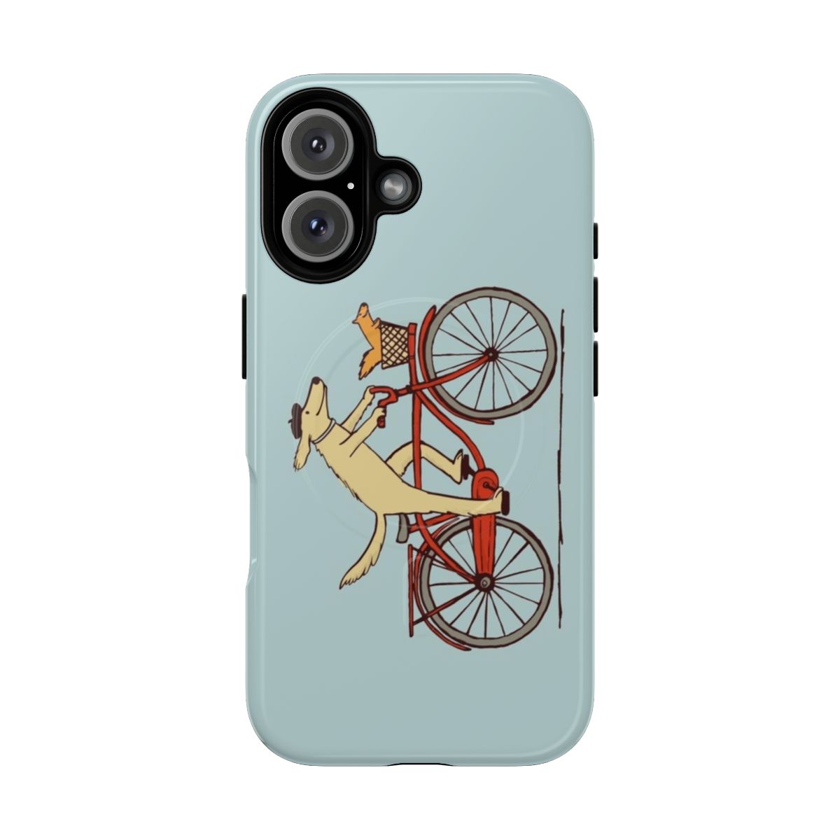 Illustration of a dog riding a bicycle with a squirrel, whimsical animal art design