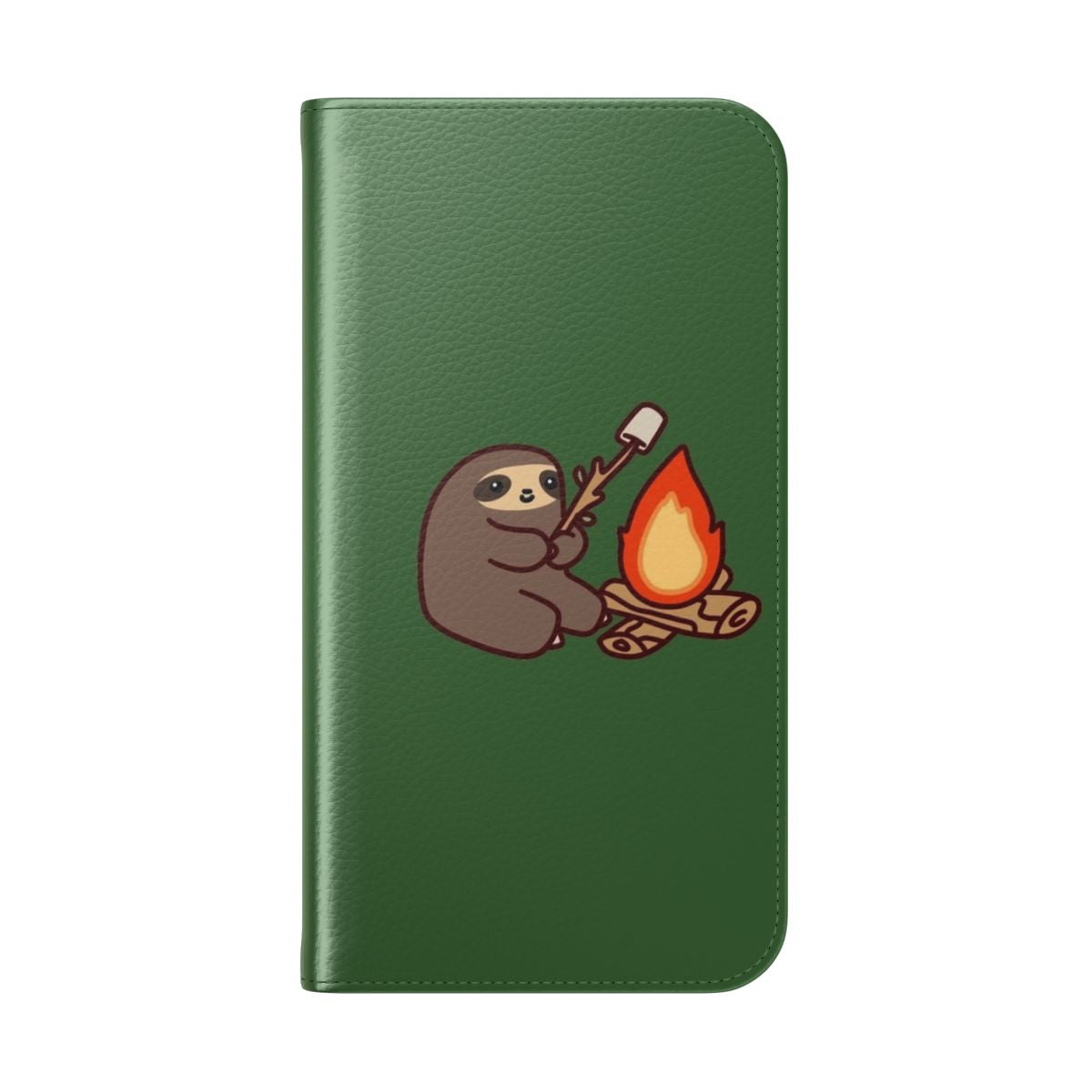 Cute cartoon sloth roasting marshmallows over a campfire on a phone case. - Folded Back