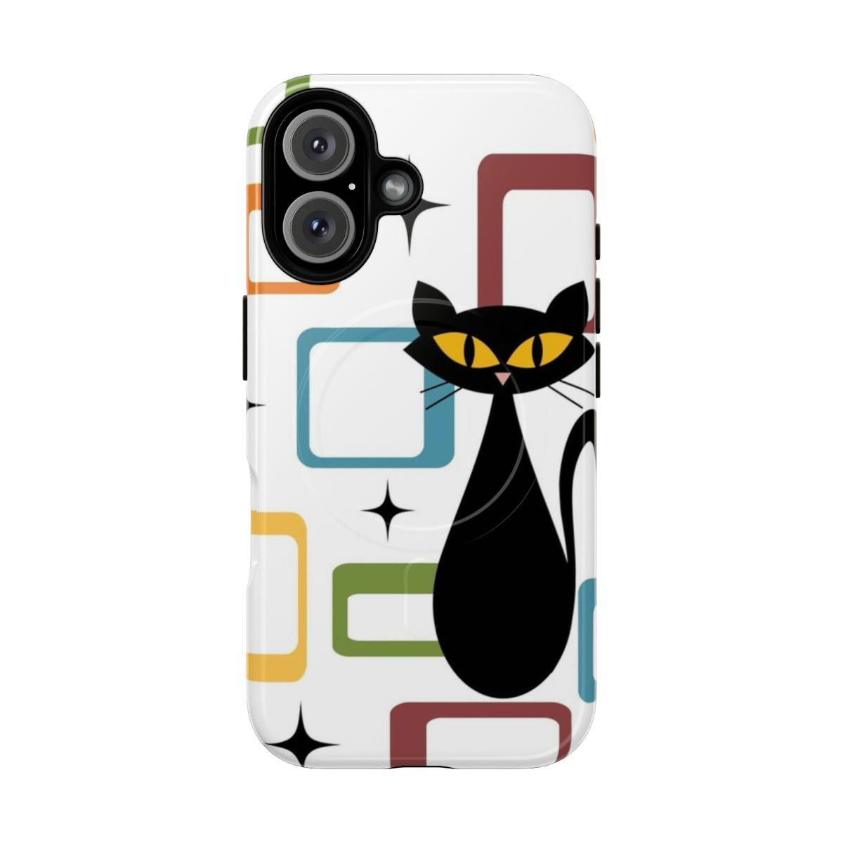 Mid century-style phone case featuring a colorful abstract black cat design