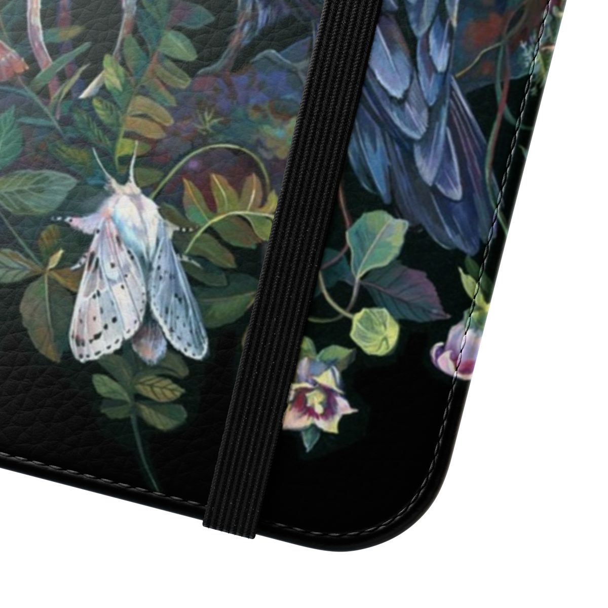 Flip phone case featuring a whimsical moon, raven, and nature-inspired design - Close Up