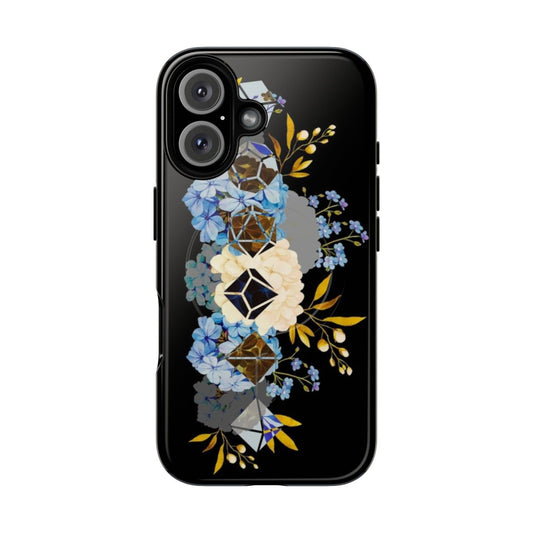 Blue hydrangea and dice design on a magnetic tough phone case