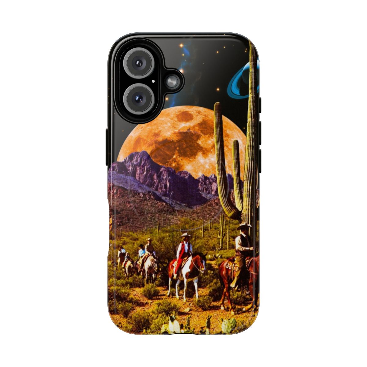 Collage of space, cowboys, Texas, moon art, Saturn, mountains, nature on a tough phone case