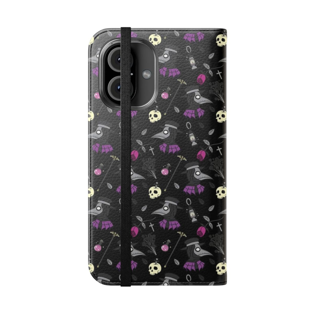 Plague doctor inspired flip phone case with bird mask, skull, and lantern design - Folded Front