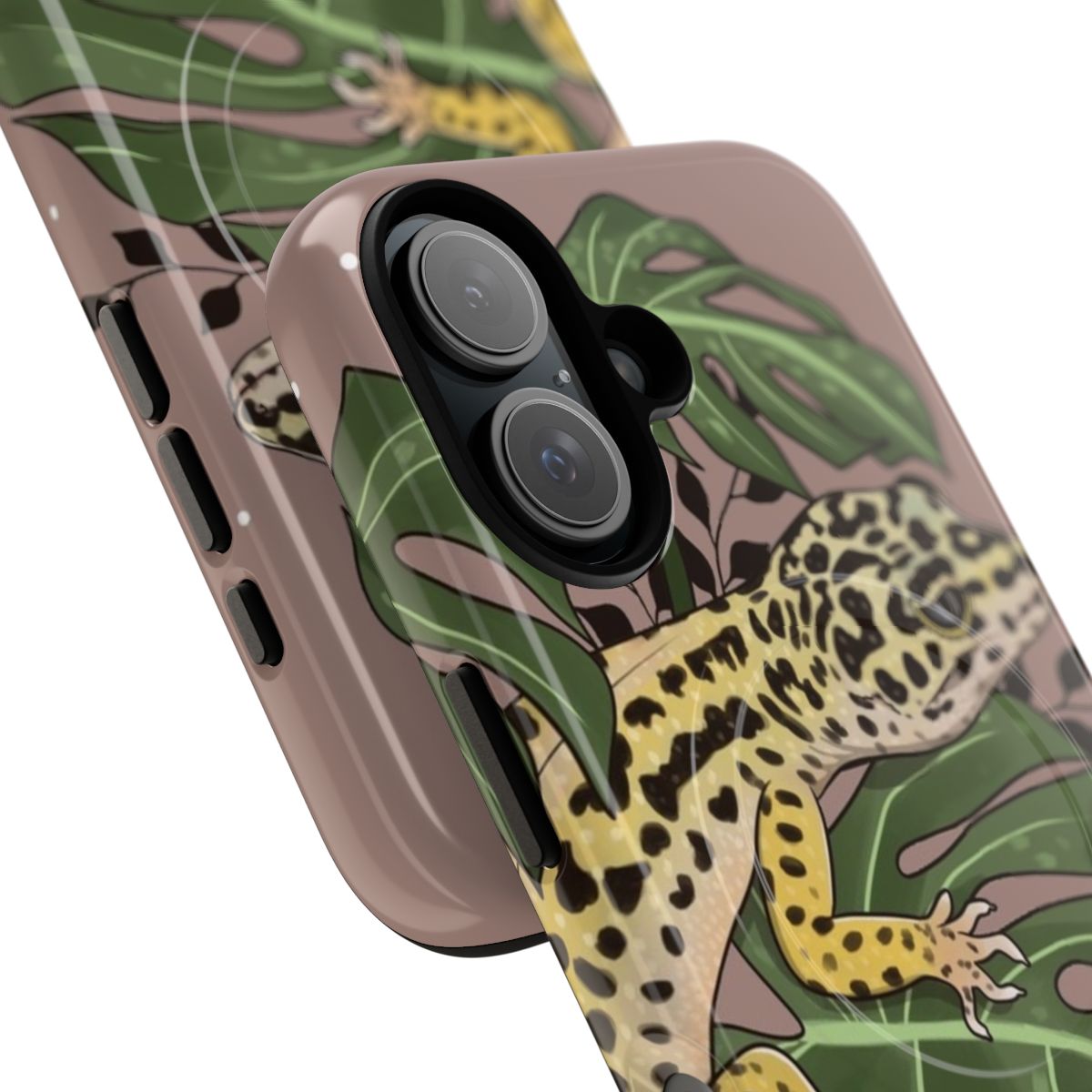 Magnetic phone case featuring a leopard gecko and monstera deliciosa plant design - Detail