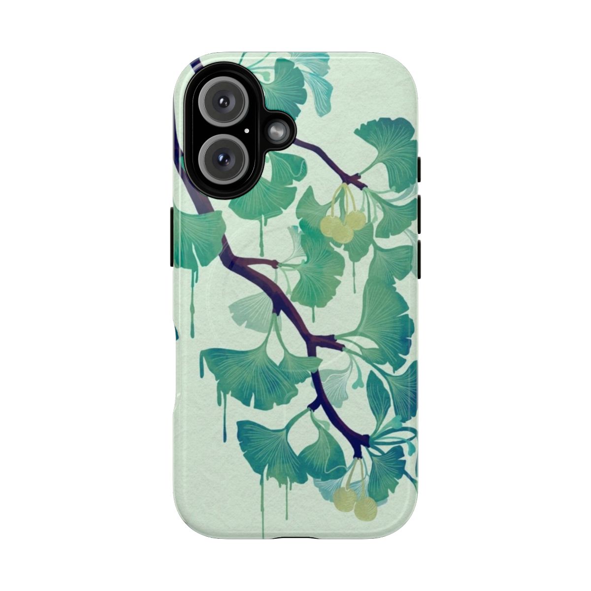 Green phone case with a surreal, nature-inspired ginkgo leaf design