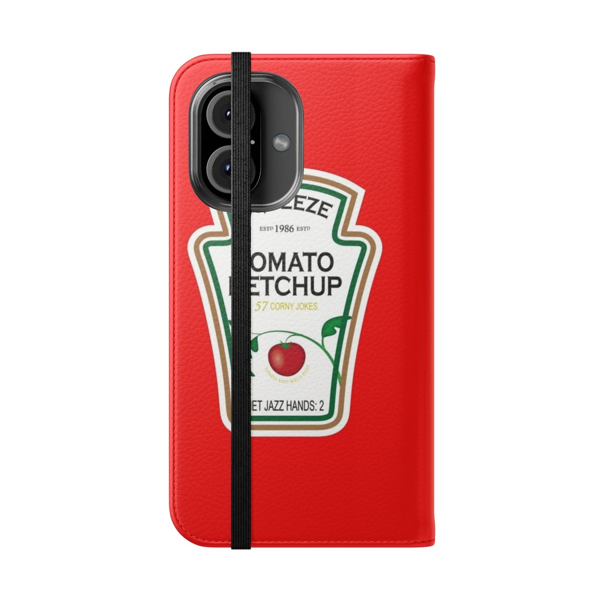 Ketchup-inspired flip cover phone case with a fun, parody design - Folded Front