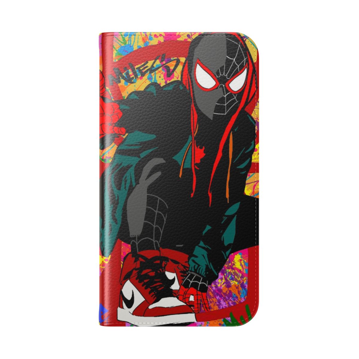 Colorful fan art inspired phone case featuring Miles Morales, the Spider-Man from the Spider-Verse - Folded Back