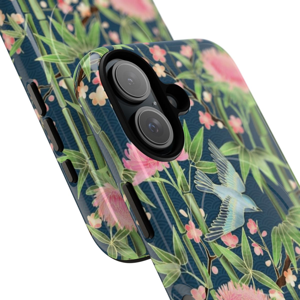 Bamboo, birds, and blossoms in a Japanese-inspired floral pattern on a teal phone case - Detail