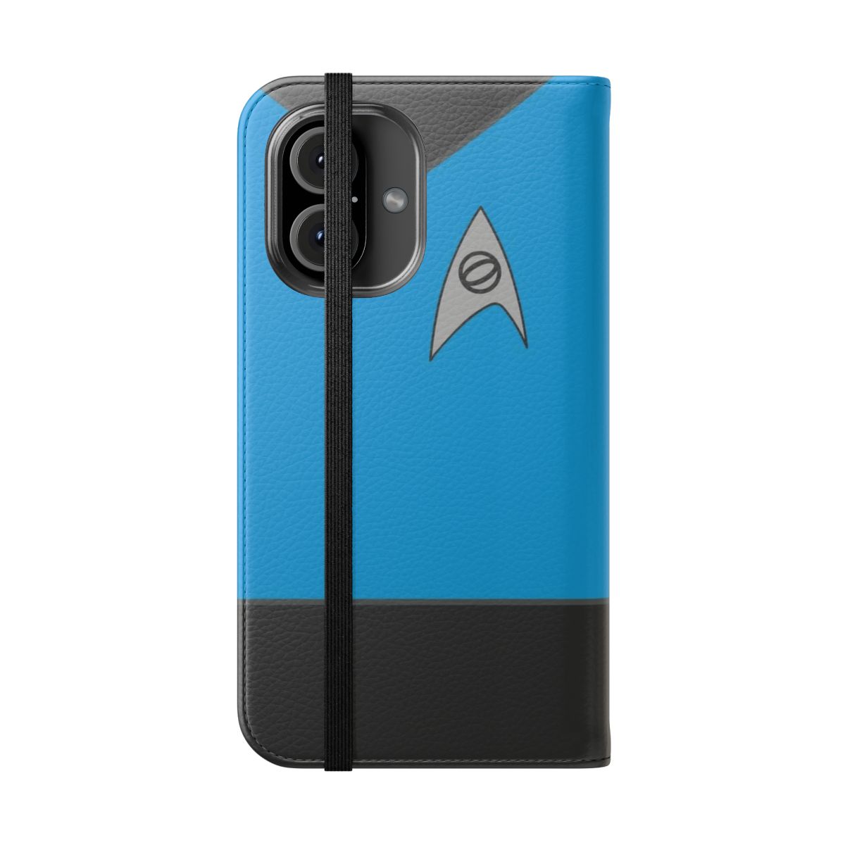 A blue flip phone case with a science fiction design, featuring elements from the original Star Trek series. - Folded Front