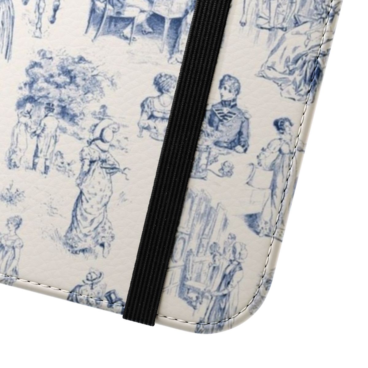 A vintage-style phone case featuring the iconic De Jouy pattern, inspired by the beloved novel "Pride and Prejudice" by Jane Austen. - Close Up