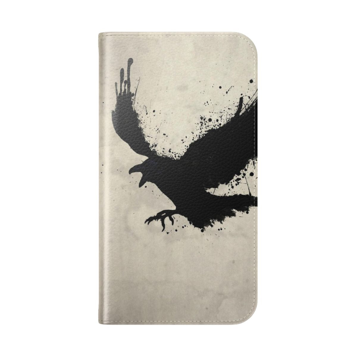 Raven-Inspired Flip Cover Phone Case with Sketch and Spatter Design - Folded Back