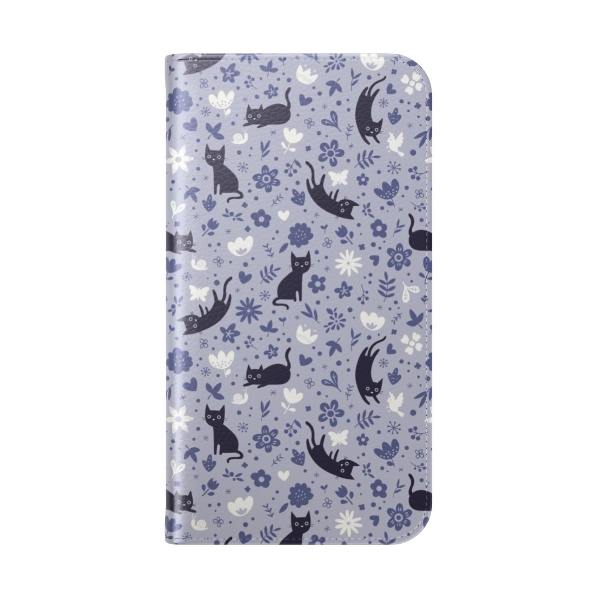 A flip cover phone case featuring a whimsical design of cats frolicking in a lavender-filled garden. - Folded Back