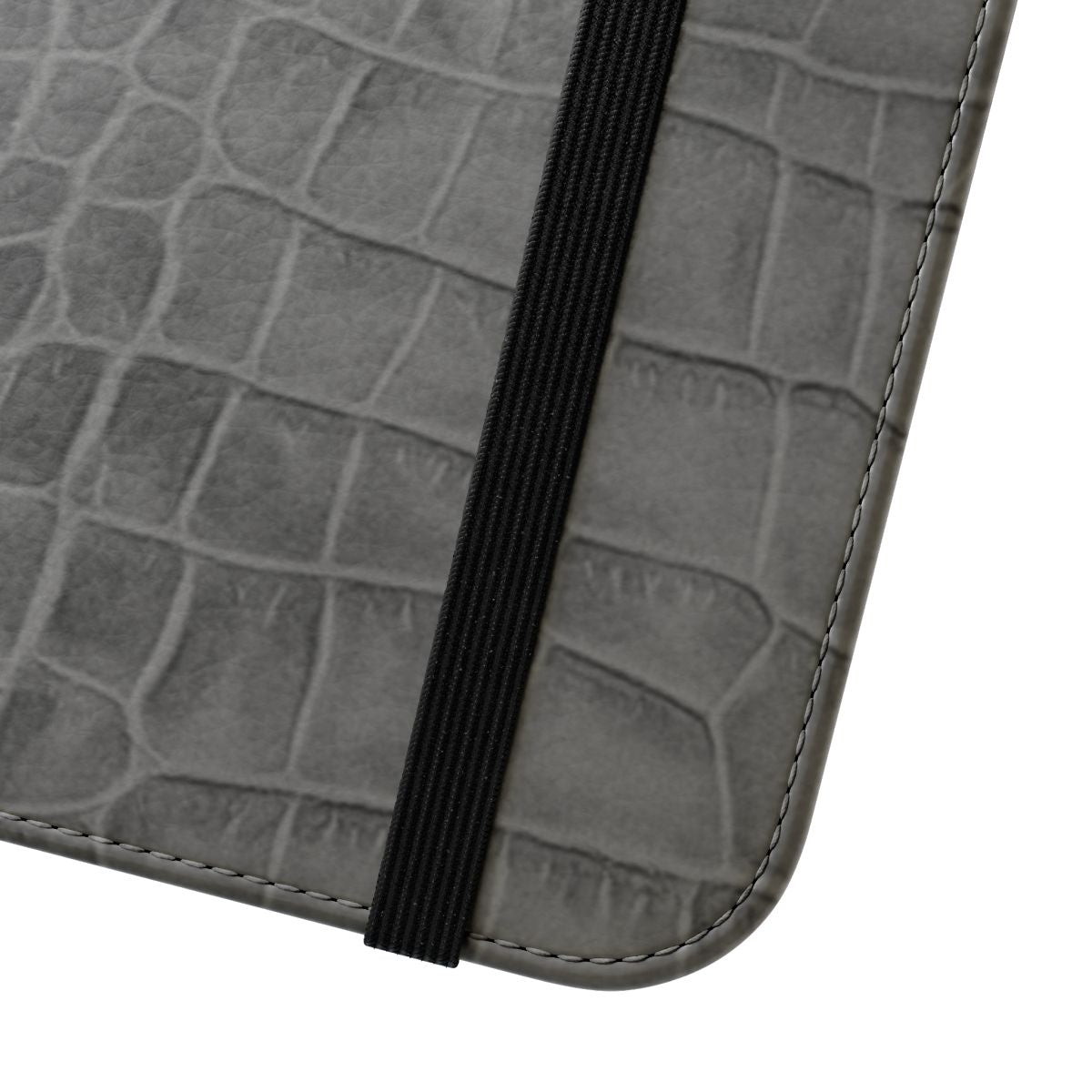 Grey croco leather effect flip phone case with textured animal print design - Close Up