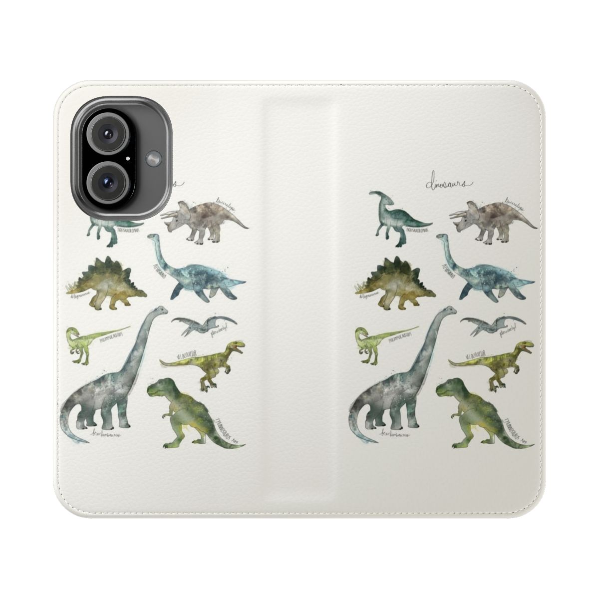 Flip phone case featuring a collage of various dinosaur illustrations and designs