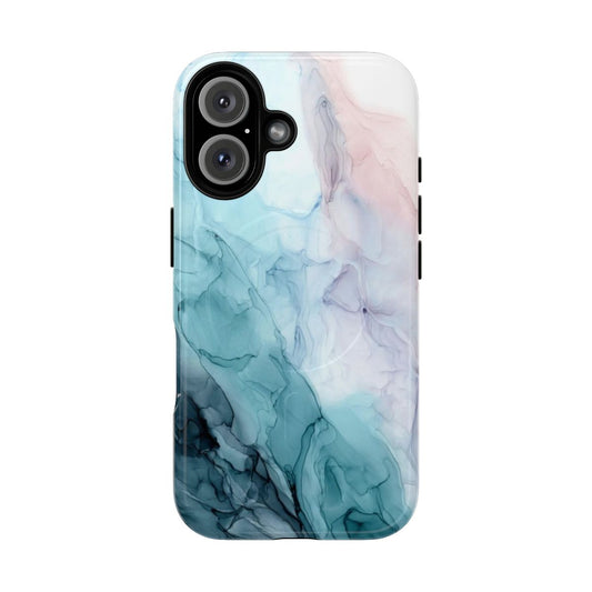 A pastel-colored abstract fluid art design on a magnetic phone case.