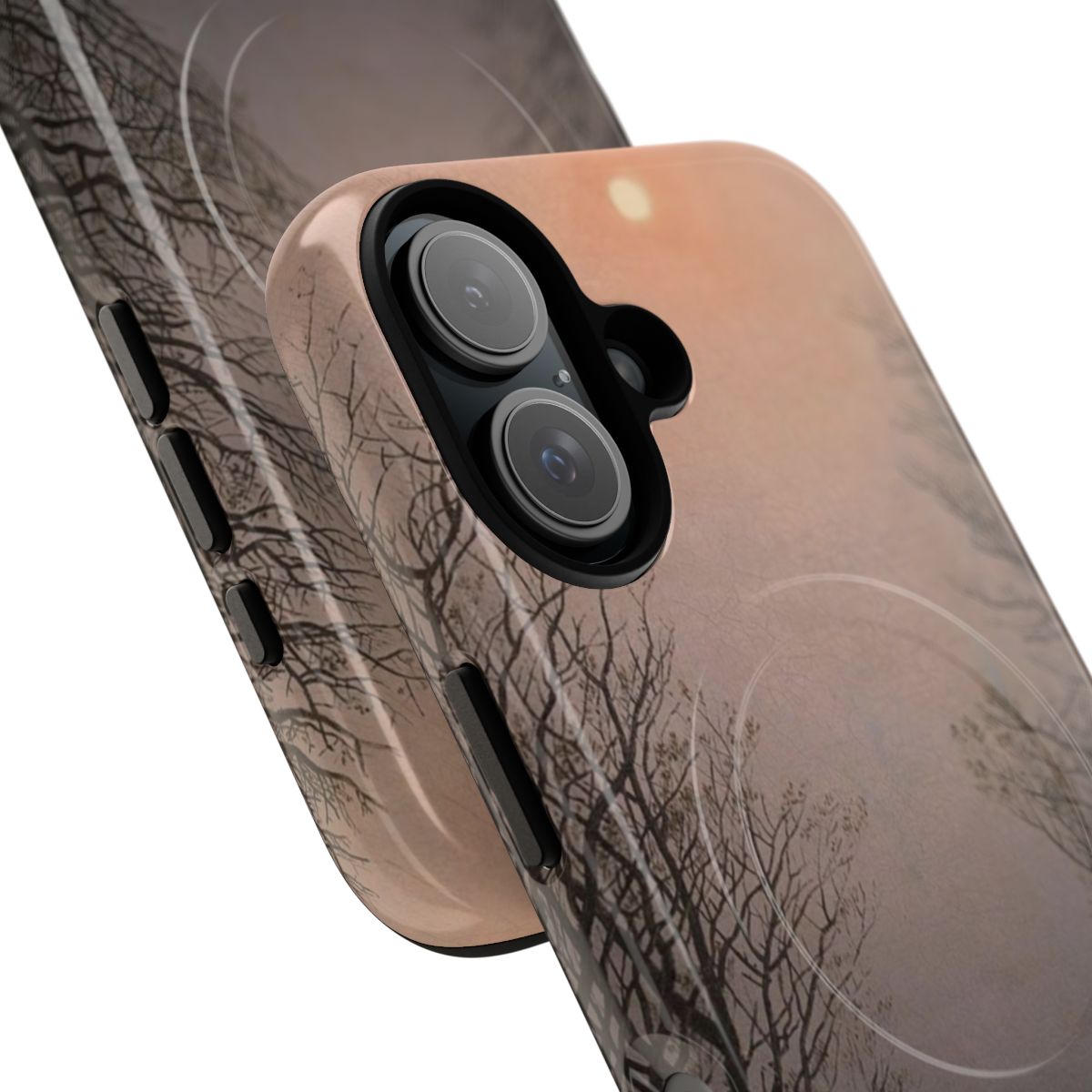 Phone case featuring a romantic landscape painting of a morning sky with clouds and sunlight, by artist Caspar David Friedrich. - Detail