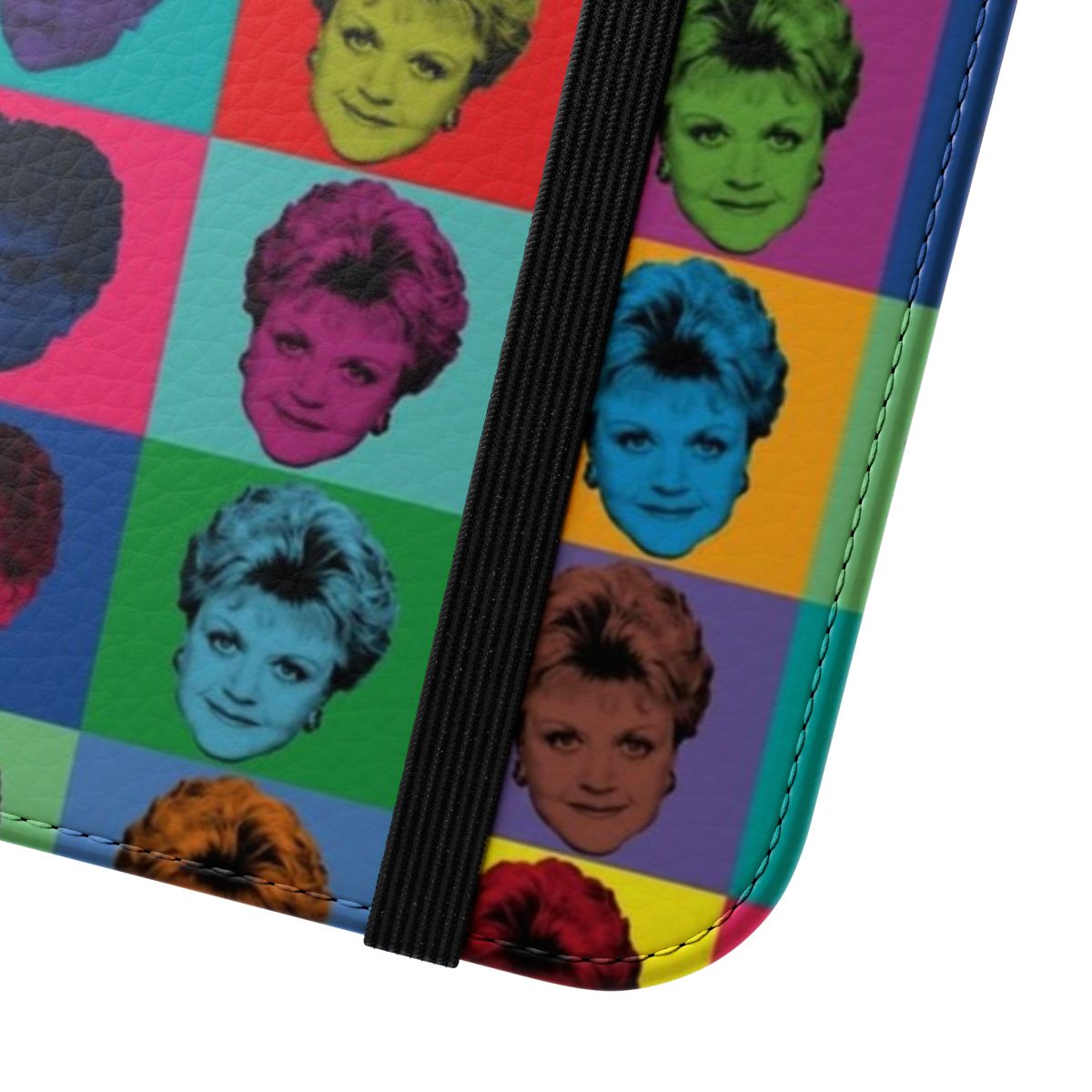 Flip phone case featuring a vintage-style illustration of Jessica Fletcher, the lead character from the 1980s TV series "Murder, She Wrote". - Close Up